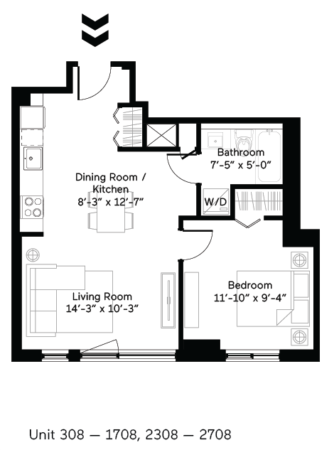 Floor plan for 1 bed, 1 bath, 640 sqft